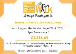 Hodge Jones Allen London Legal Walk 2021 Certificate