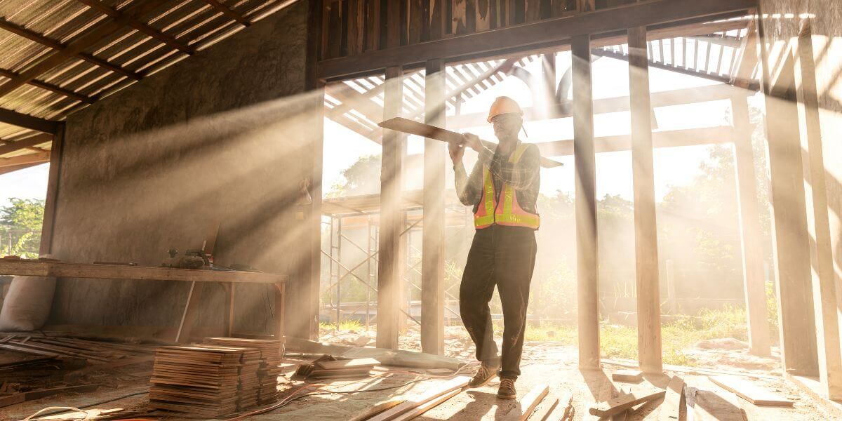 Carpenter holding wooden planks construction site