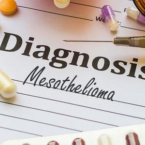 Mesothelioma - Diagnosis written on white paper with medication around