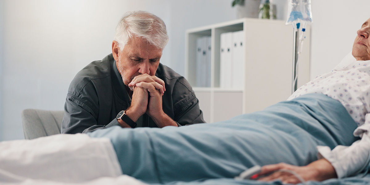 Worried elderly person with concern for cancer, sick and medical treatment for his partner